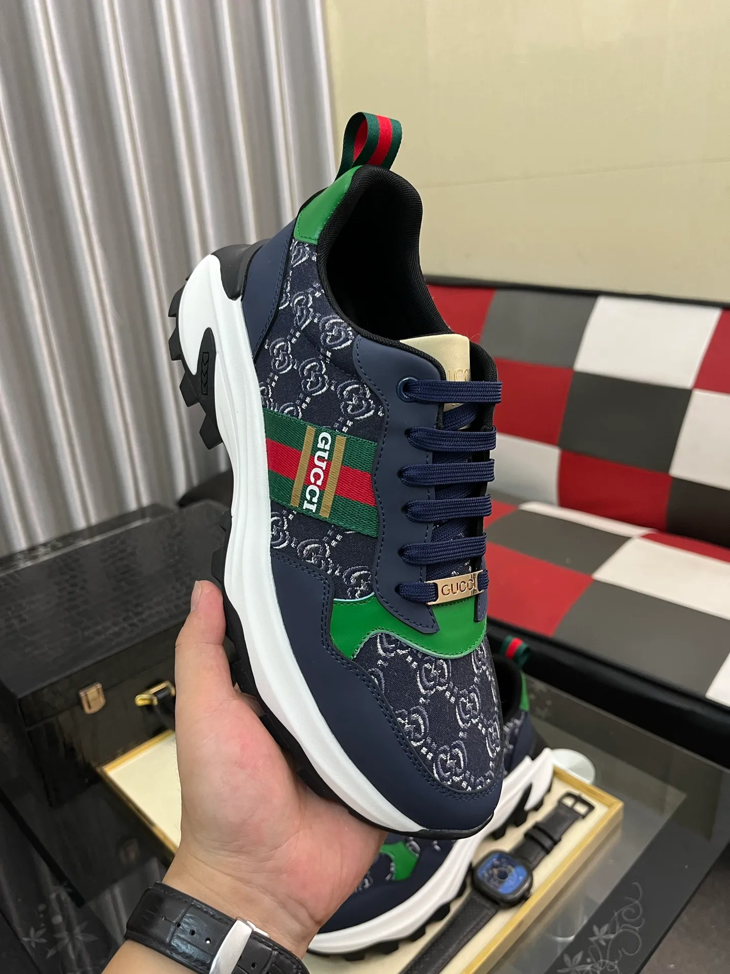 Men's shoes 💰458⌚️⌚️ Gucci •Gucci original quality. ~ Unique modern style sneakers. 🏃A must-have casual shoe for trendy men😍😍 Original brand imported from Italy, imported original leather, sheep lining (refuses to discolor and grind feet) Sole: Original sole provided by the original factory, French lazy style design ⚠️Fit to the feet, original quality attached, super comfortable original sole, code number: 38-444️⃣Colors available